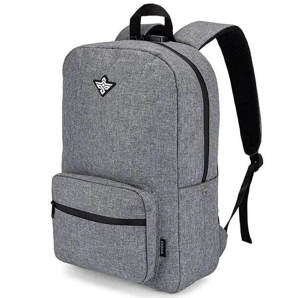 The Erozul Legend Smell Proof Back Pack With Combination Lock by Erozul features gray fabric, black zippers, a front zip pocket, top handle, adjustable padded straps, activated carbon lining, and a small logo patch on the upper front.